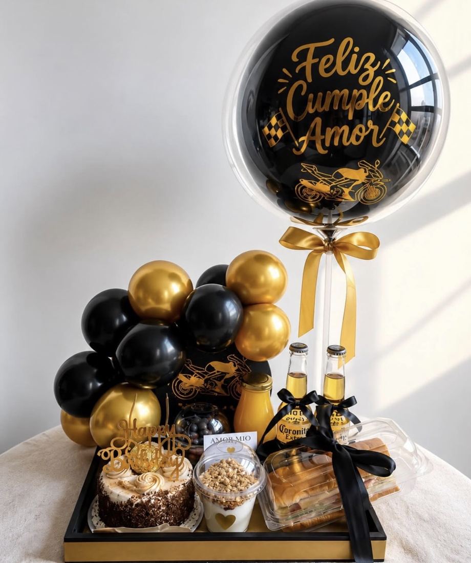 Black and gold surprise gift arrangement