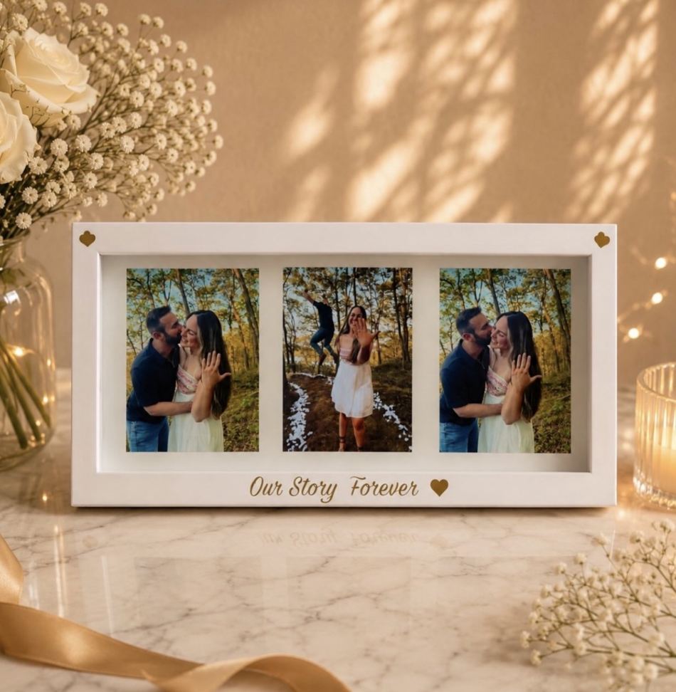 Personalized three photo keepsake frame